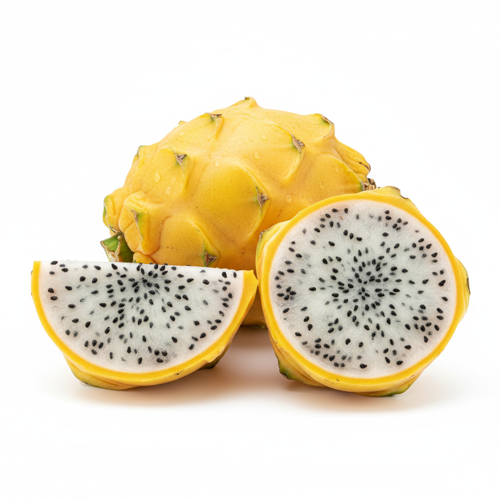 Yellow dragonfruit whole and sliced open showing white flesh with black seeds